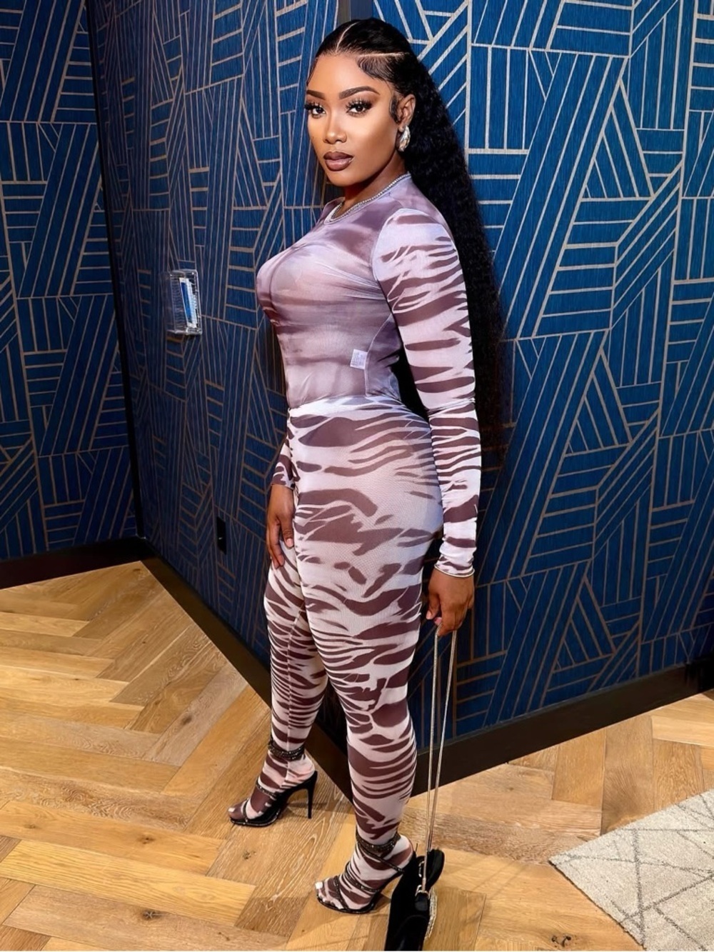Women's Brown Printed Long-Sleeve Jumpsuit - Picture 2 of 2